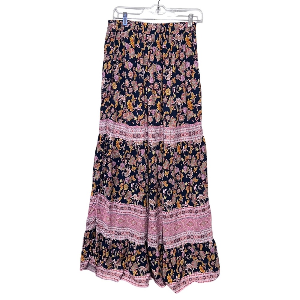 Ces Femme Hippie Boho Floral Paisley Tiered Maxi Skirt Pockets Medium Tall